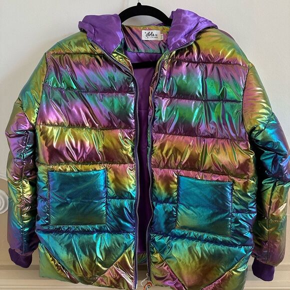 Lola + the Boys Girls Metallic Ombré Puffer Jacket Coat 9/10 NWT with Hood Warm - Picture 1 of 6